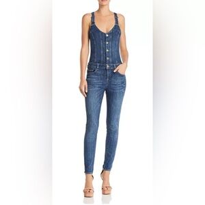 Guess button front denim jumpsuit form fitting overalls jean outfit